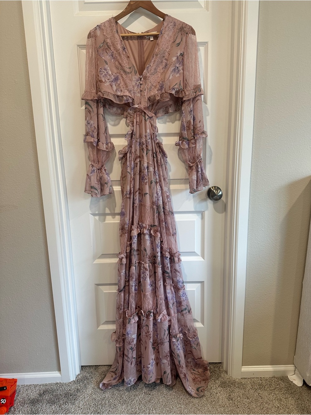 Rosevelvet Floral Ruffle Maxi Dress Boho Cottagecore Lace Trim Size M - EUC